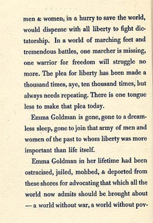 Excerpt from Emma Goldman Eulogy by Harry Weinberger, Part 2