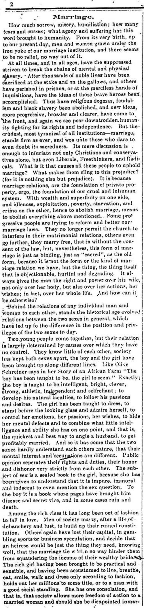 Emma Goldman on Marriage, 1897