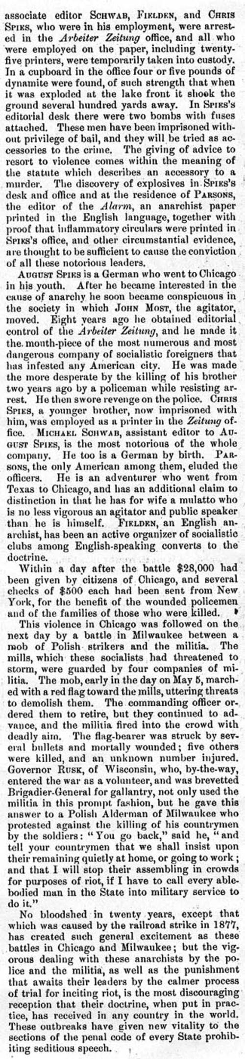 "Anarchist Riots in the West" Article About the Bombing in Chicago's Haymarket Square, Page 2