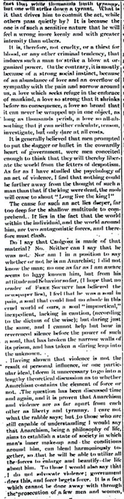 "The Tragedy at Buffalo" Article by Emma Goldman from Free Society, October 6, 1901, Page 4