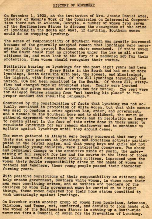 Excerpt from Program of the Conference of the State Committee of Women for the Prevention of Lynching, November 1, 1930