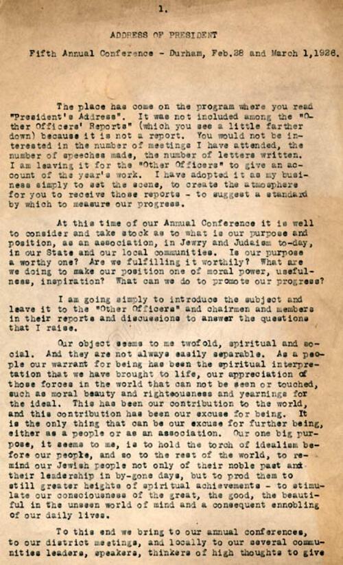 Gertrude Weil's Presidential Address at the Fifth Annual Conference of the North Carolina Association of Jewish Women, February 28-March 1, 1926, page 1