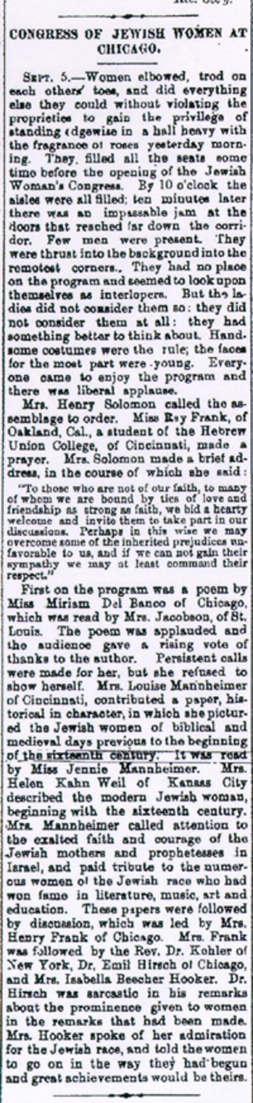 "The American Israelite" Article About the Congress of Jewish Women at Chicago, September 7, 1893