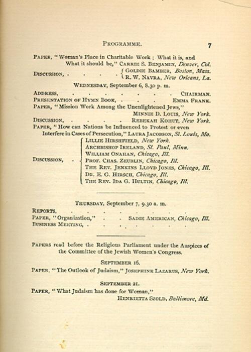 The 1893 Jewish Women's Congress Program of Events, page 2