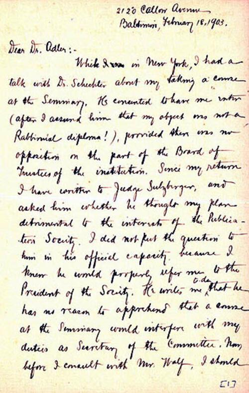 Letter from Henrietta Szold to Cyrus Adler, February 18, 1903, page 1