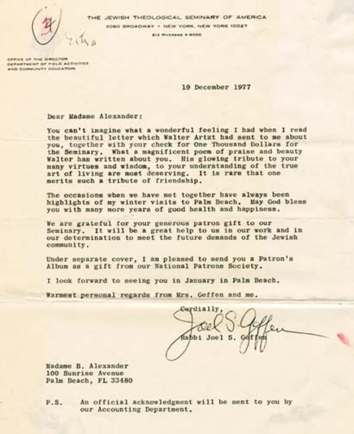 Letters from Rabbi Joel S. Geffen to Madame Alexander, December 19, 1977