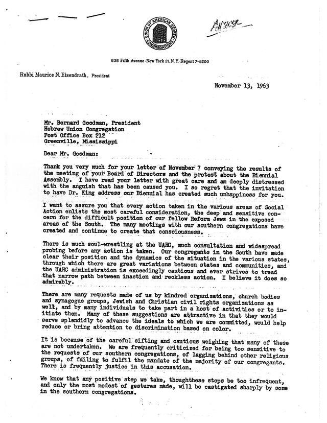 Letter from Rabbi Eisendrath to Bernard Goodman, November 13, 1963, page 1 of 2