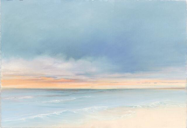 a pastel painting of a beach, with the ocean and the sky taking up most of the frame