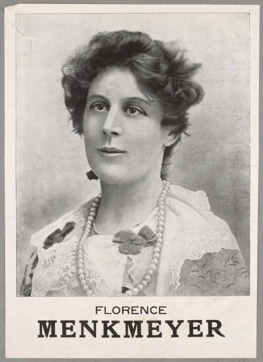 Portrait of Florence Menk-Meyer wearing a dress and pearls