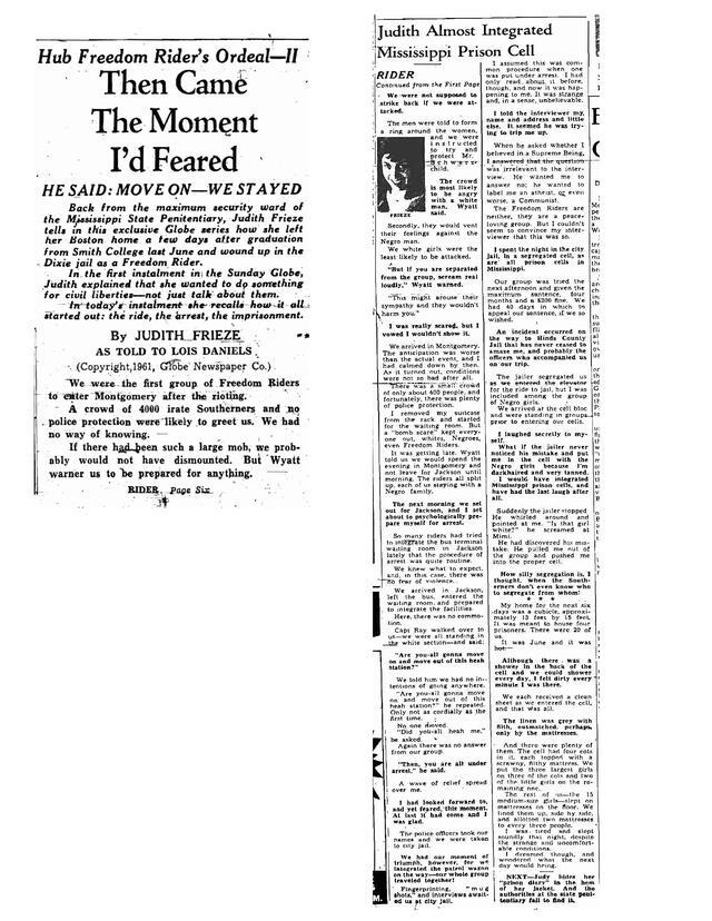 Judith Frieze on Freedom Rides, The Boston Globe, 1961