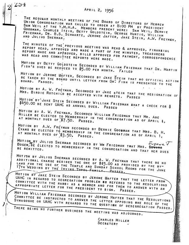 Hebrew Union Congregation Board of Directors Minutes, April 2, 1956