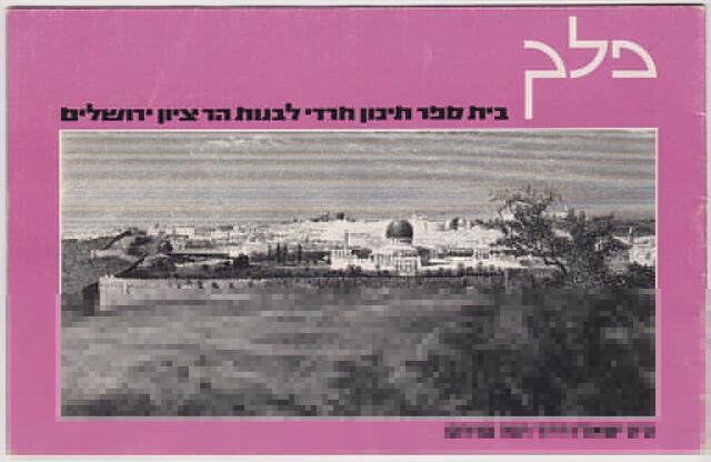 A brochure with a greyscale landscape picture of a walled town and a light purple border