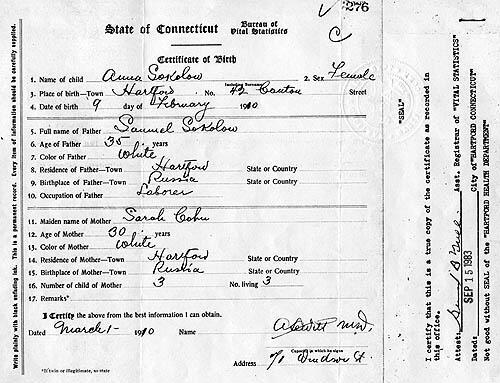 Anna Sokolow's Birth Certificate, 1910