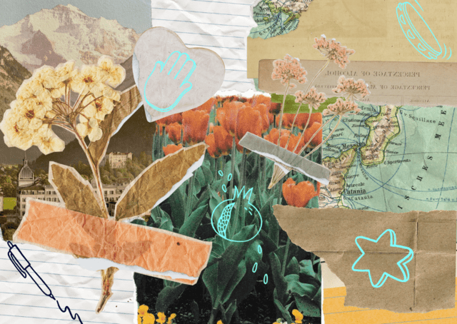 Collage of torn magazine photographs and flowers