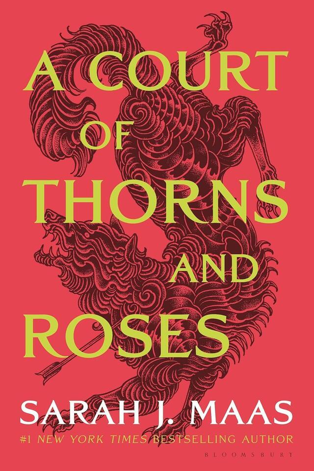 A Court of Thorns and Roses Book Cover: red background with black dragon in the background, Sarah J Maas at the bottom