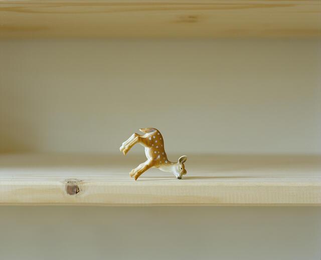 Photo of toy deer figurine upside on book shelf