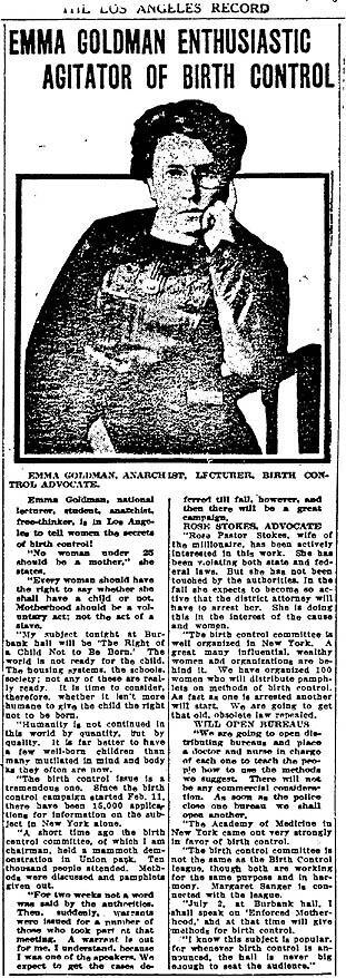 "Emma Goldman Enthusiastic Agitator of Birth Control" from The "Los Angeles Record" 