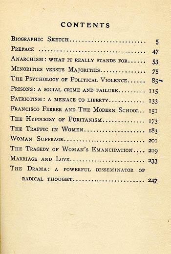 "Anarchism and Other Essays" Cover Page and Table of Contents by Emma Goldman, 1917, Page 2