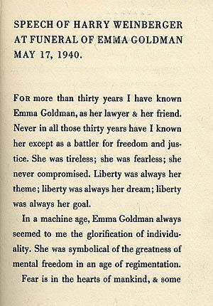 Excerpt from Emma Goldman Eulogy by Harry Weinberger, Part 1