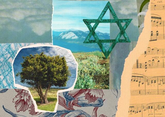 Collage of nature landscapes, sheet music, and a star of David