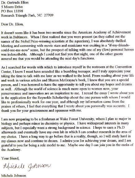 Letter from Michele Johnson to Gertrude Elion, 1997