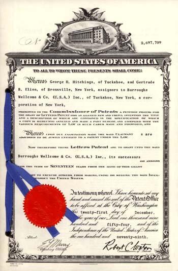 Patent for Gertrude Elion and George Hitchings for 6-Mercaptopurine, 1954