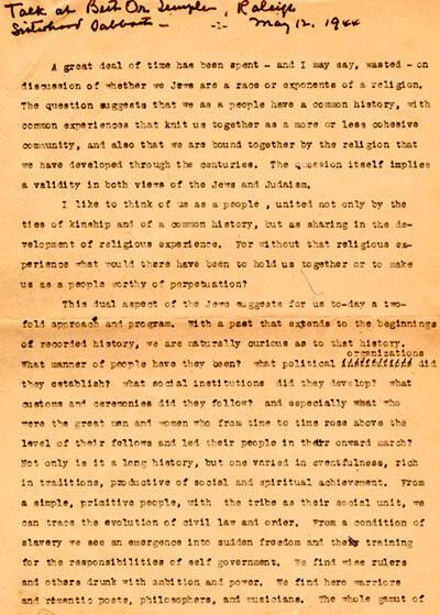 Gertrude Weil's Speech at Beth Or Temple Sisterhood Sabbath, Raleigh, NC, May 12, 1944, page 1