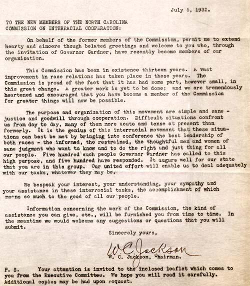 Letter from W.C. Jackson, Chair, to New Members of the North Carolina Commission on Interracial Cooperation, July 5, 1932, page 2