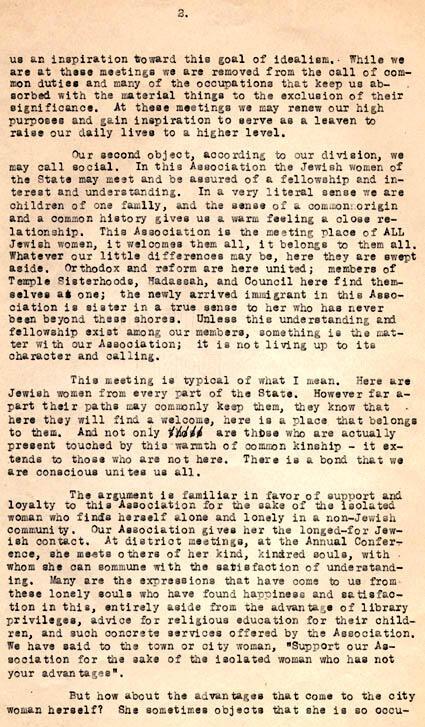 Gertrude Weil's Presidential Address at the Fifth Annual Conference of the North Carolina Association of Jewish Women, February 28-March 1, 1926, page 2