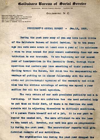 Gertrude Weil's Annual Report as President of the Goldsboro Bureau of Social Service, page 1, January 13, 1927