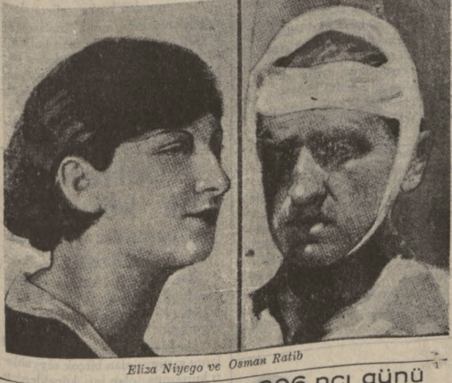 Black and white newspaper photograph of young Jewish woman Elza Niego, with short dark hair, and her murderer, Osman Ratip, with a bandaged head