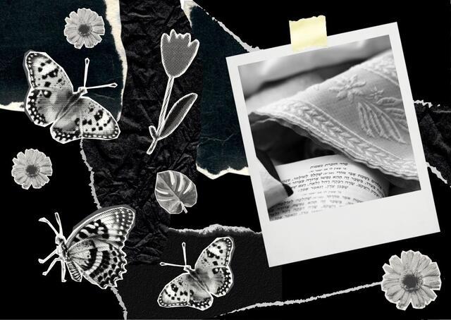 Collage of black and white butterflies and snapshot of prayer shawl