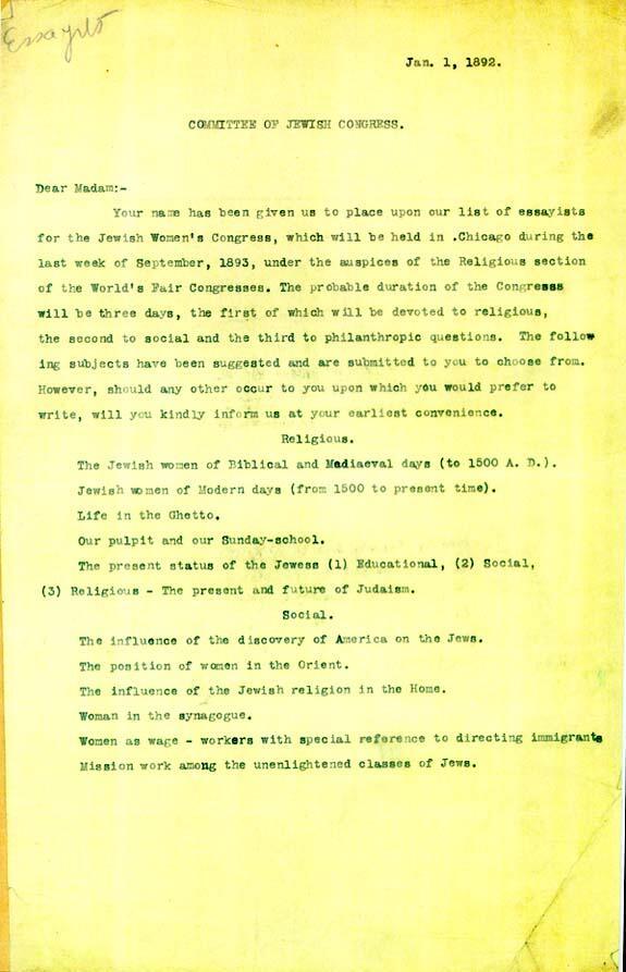 Letter Sent to Potential Speakers for the Jewish Women's Congress, January 1, 1892.