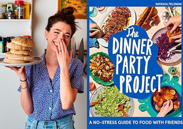 Woman with dark hair in a bun holdng a plate with a pile of pita one on side; on other side book cover with title Dinner Party Project: A No-Stress Guide to Food with Friends