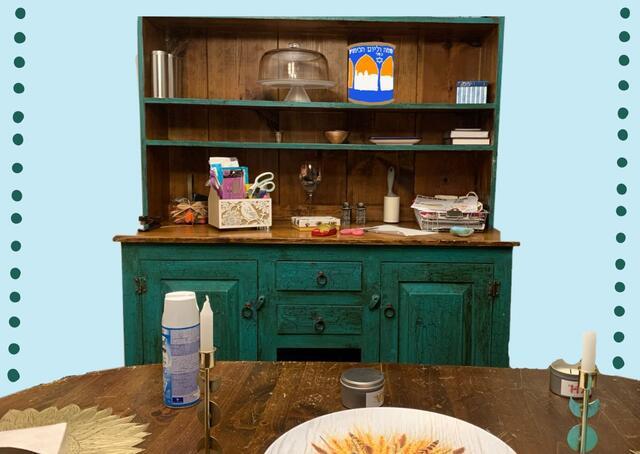 Collage of shelf and candles on blue background