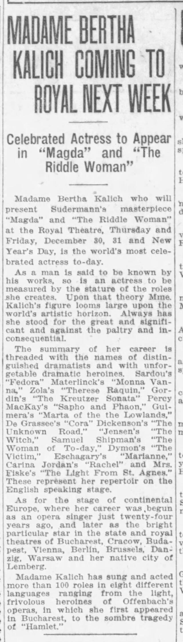 Newspaper clipping "Madame Bertha Kalich Coming to Royal Next Week"