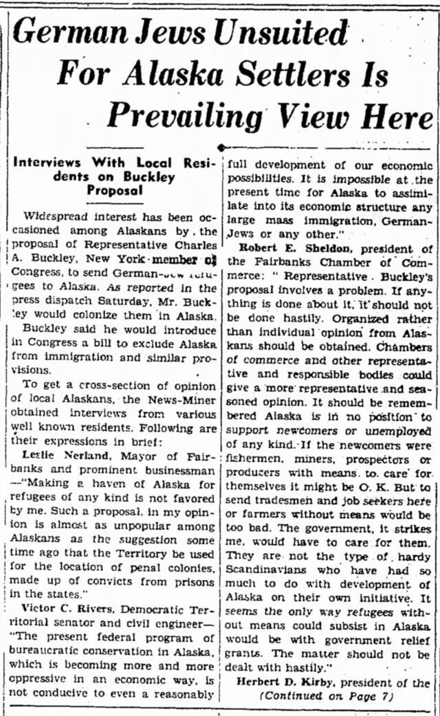 Alaska Newspaper Clipping Re Settlement Plan - Headline reads "German Jews Unsuited for Alaska Settlers is Prevailing View Here")