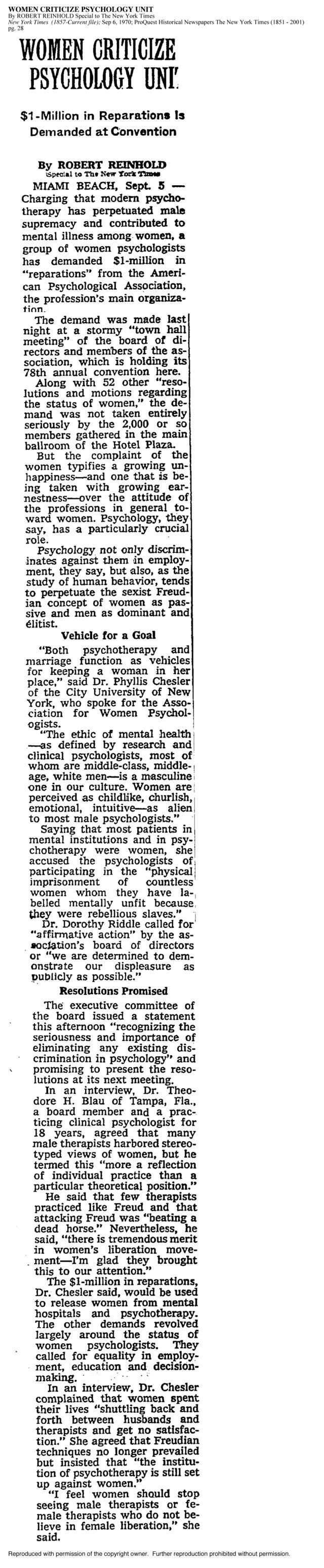 "Women Criticize Psychology Unit" New York Times, September 6, 1970