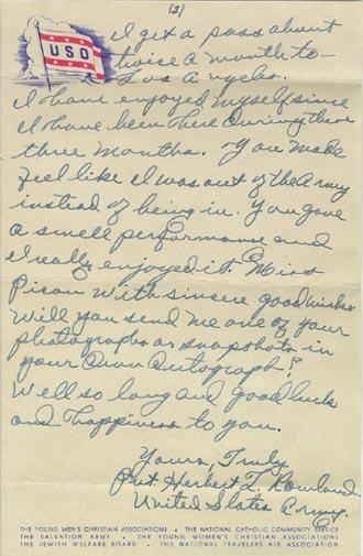 Fan Mail to Molly Picon From Private Herbert Rowland, September 12, 1943