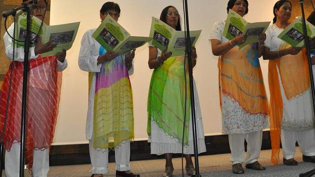 Women from the Cochin Jewish community perform on stage during a culture event at Bar-Ilan University. Photo by Victor Yitzhak, Cochin Jewish Heritage Center.