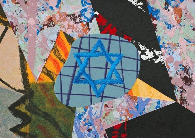 Collage with a Jewish star in the center surrounded by pieces of paintings. 