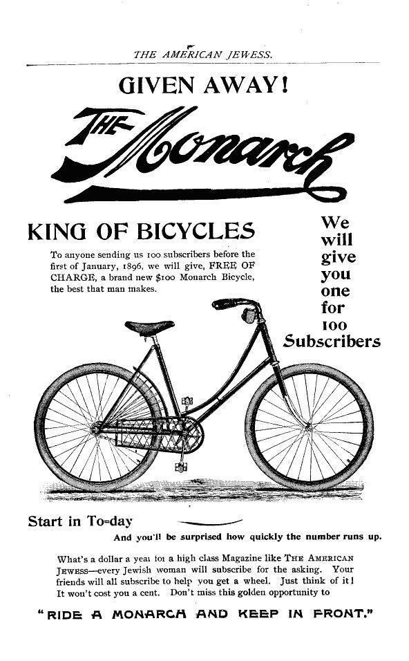 Advertisement for a Free Bicycle from "The American Jewess," February 1896 