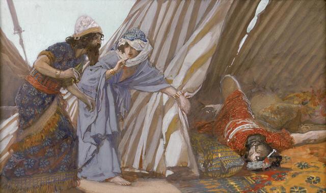 Jael leads Barak to the corpse of Sisera in her tent. 