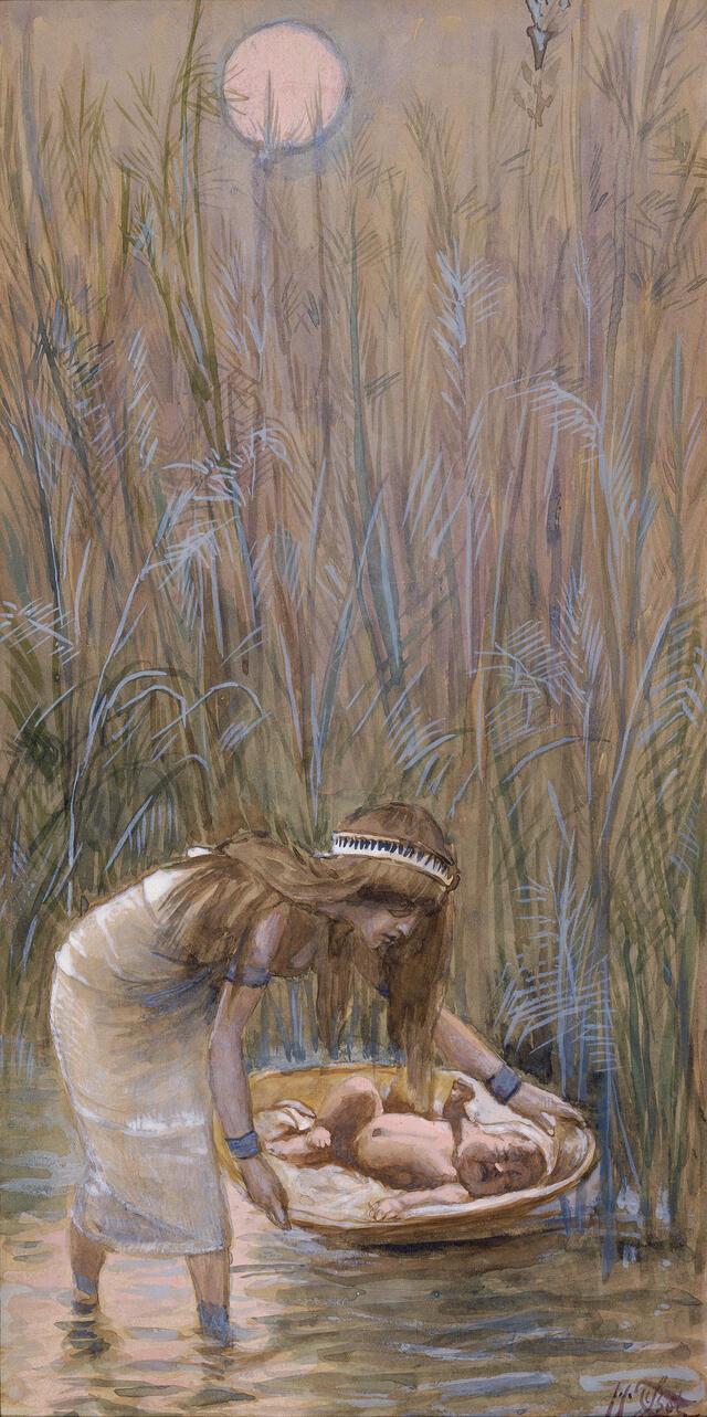 Jochebed lays a crying baby Moses in the reeds. 